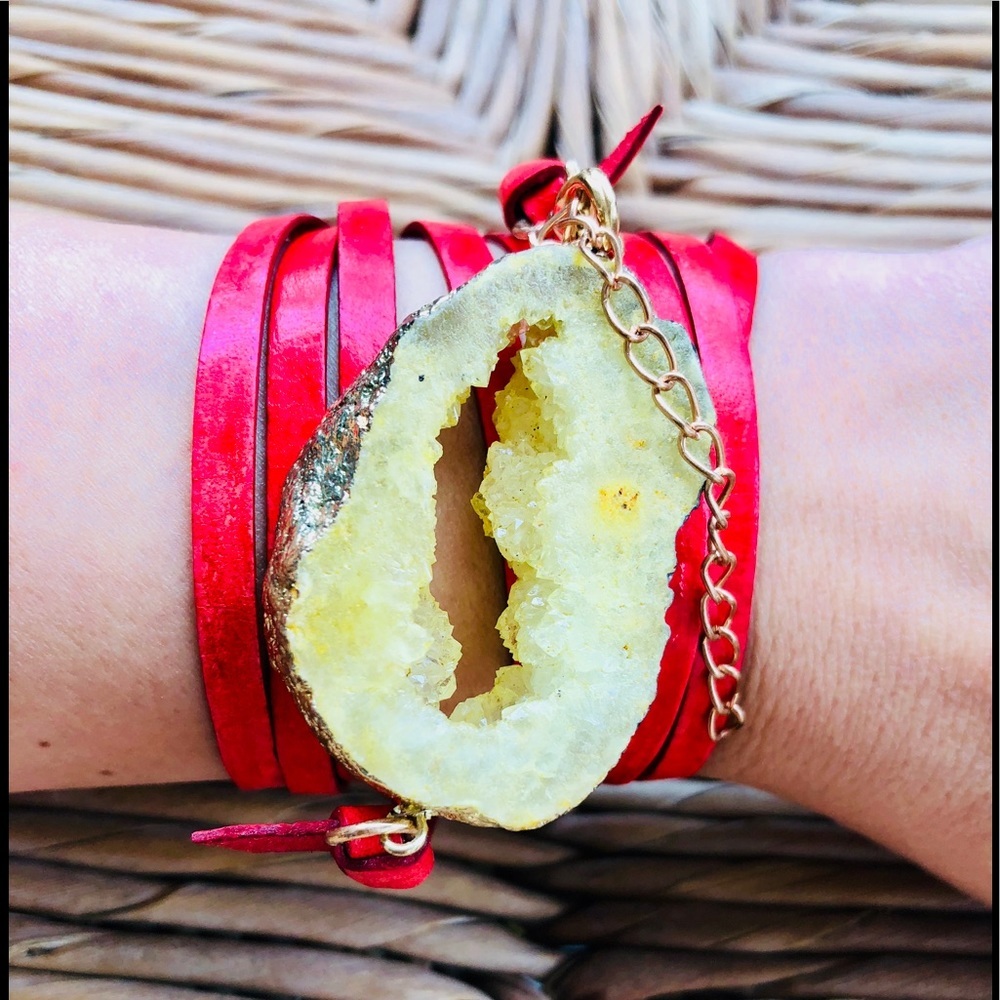 Druzy Agate Wrap Red Genuine Leather Bracelet/NWT